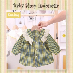 PK185 Atasan Anak Perempuan Lengan Panjang Baju Tunik Anak Tartan Renda Kuning  large